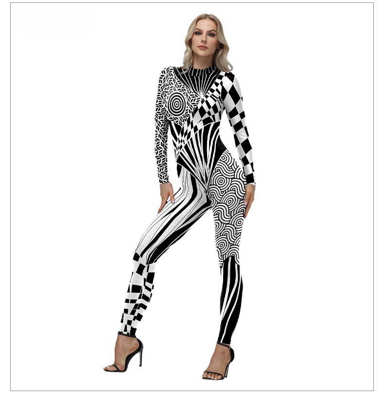 Women Long Sleeve Skinny Jumpsuit - Abstract Geometric Full Print Bodysuit